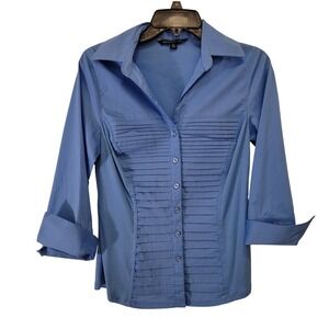 Zac & Rachel Petite Blue Pleated Button Front Shirt 3/4 Sleeve Women's PM